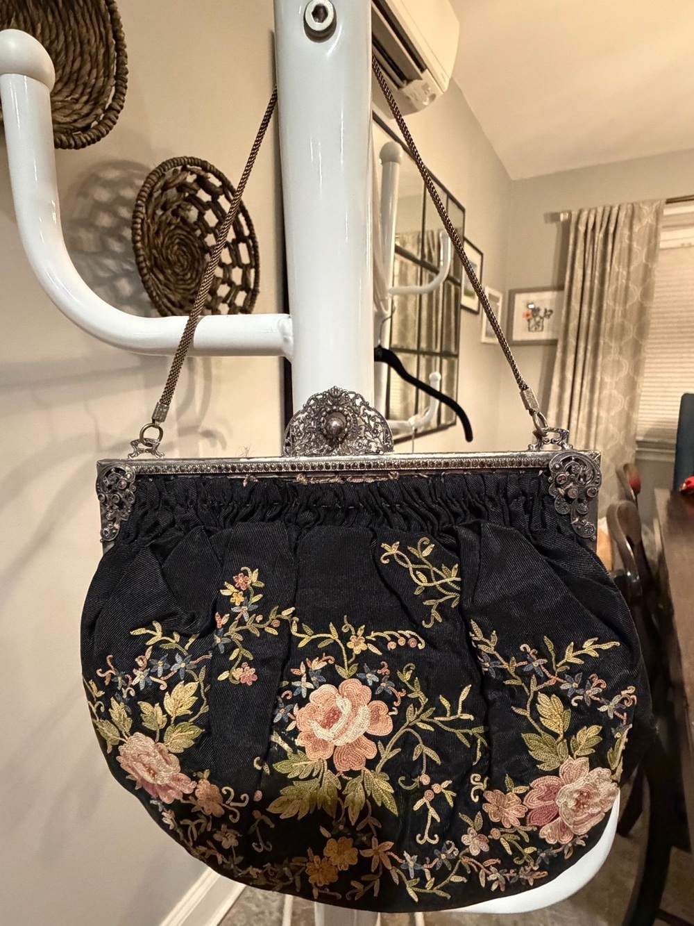 Antique Gold Frame French Black Floral Le Point De Beauvais Purse FRANCE
